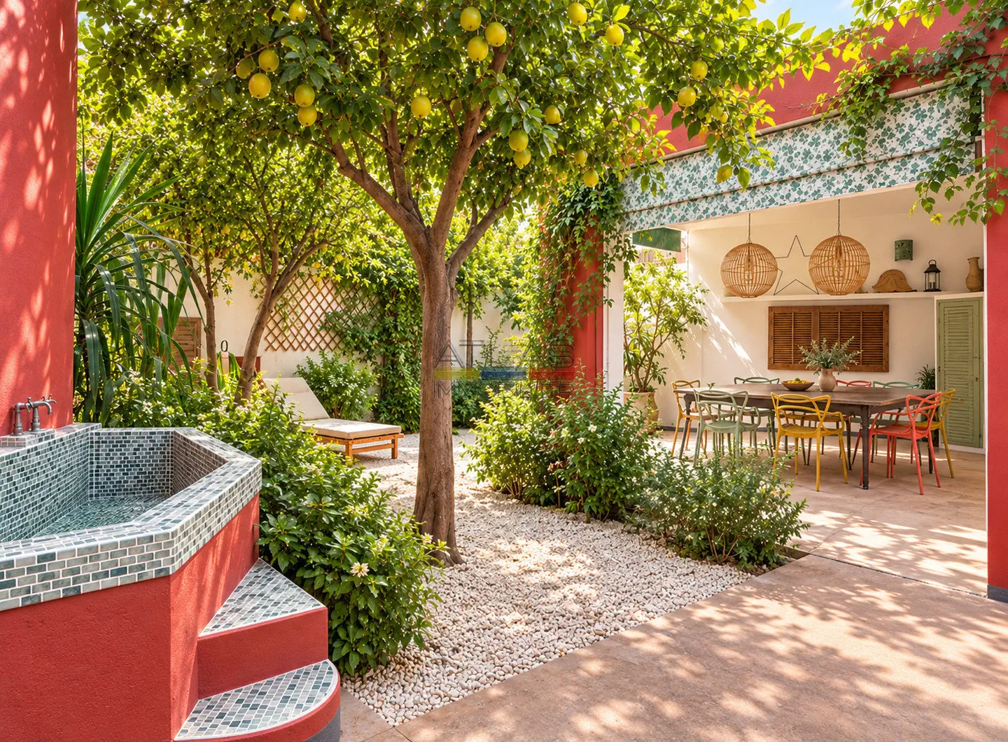 Jardin arrière arboré avec agrumes, bassin carrelé et espace repas couvert d'une villa à Rouidate, Marrakech.