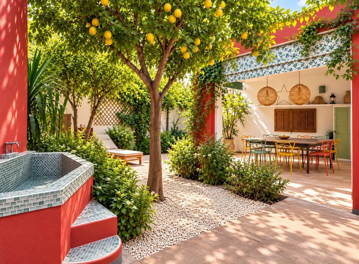 Jardin arrière arboré avec agrumes, bassin carrelé et espace repas couvert d'une villa à Rouidate, Marrakech.